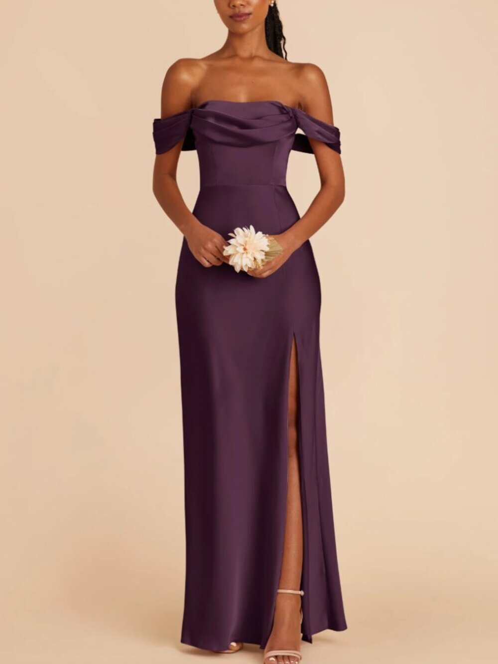 Birdy Grey Plum Mia Matte Cowl Off-Shoulder Satin Dress